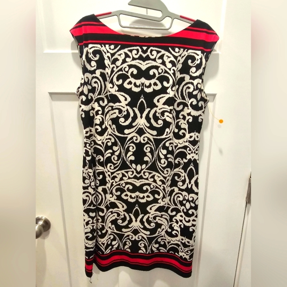 Jessica Howard Sleeveless Knit Sheath Dress Small Black White Damask Pink Trim